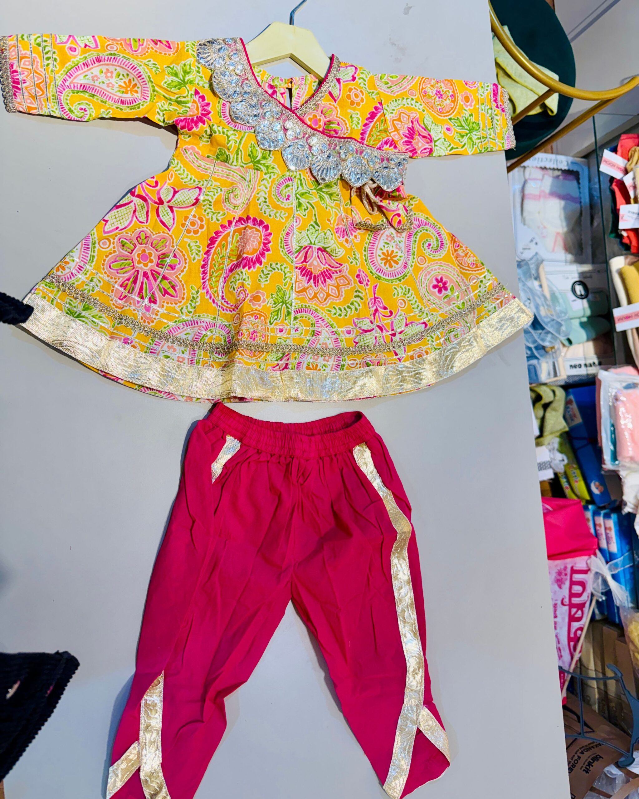 Girls Printed Angrakha Kurti & Dhoti Pant Set (Yellow & Pink)