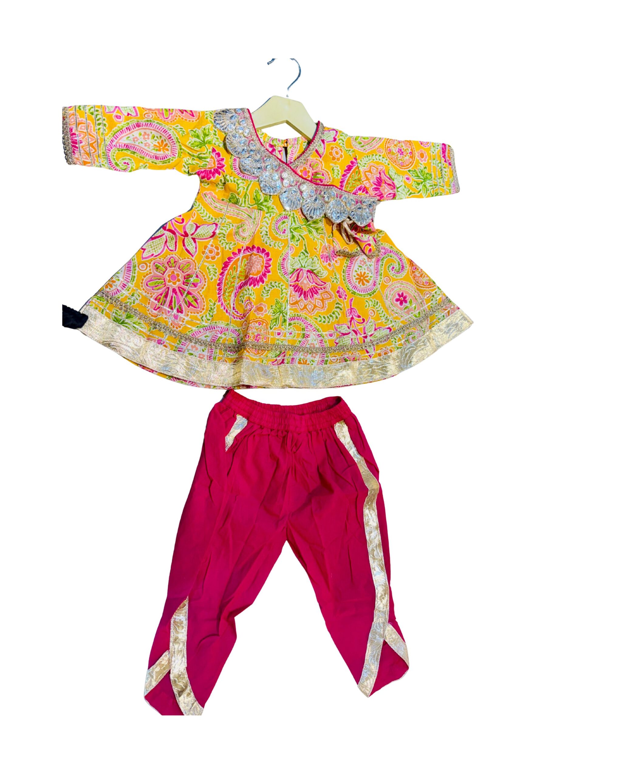Girls Printed Angrakha Kurti & Dhoti Pant Set (Yellow & Pink)